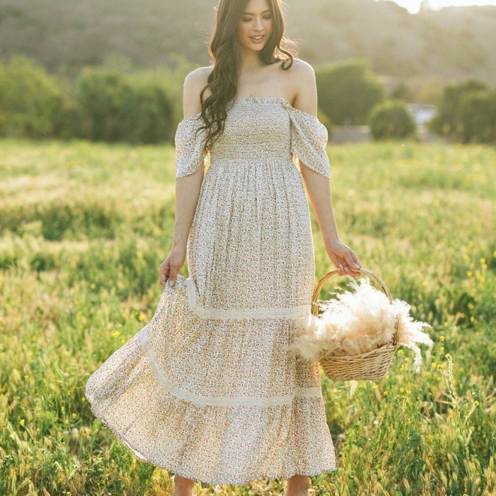 NEW Ditsy Floral Smock Square Neck Boho Maxi Dress - Picture 3 of 13